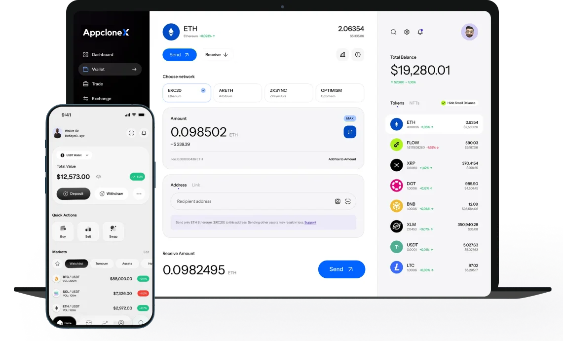 Screenshots of white-label crypto wallet UI across desktop and mobile
